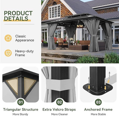 Aoxun 10'x14' Hardtop Gazebo, Aluminum Frame Permanent Pavilion with Curtains and Netting, Outdoor Polycarbonate Double Roof Canopy, Gray
