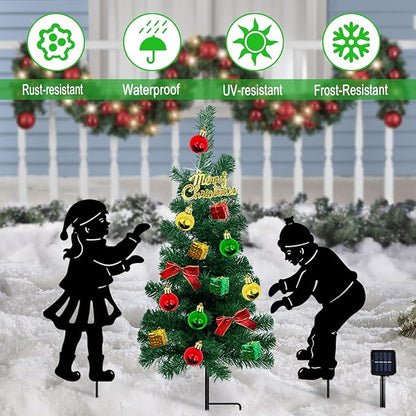 Solar Outdoor Christmas Tree,3 Pack Christmas Outdoor Decorations with Boy and Girl Garden Stakes,Color Changing LED Lights,Waterproof Xmas for Yard,Lawn,Pathway