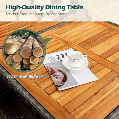Tangkula 9 Piece Rattan Outdoor Dining Set with 13Ft Umbrella for 6, Outdoor Wicker Table Set with 6 Cushioned Armchairs, Acacia Wood Top, Outdoor Umbrella & with Base Included