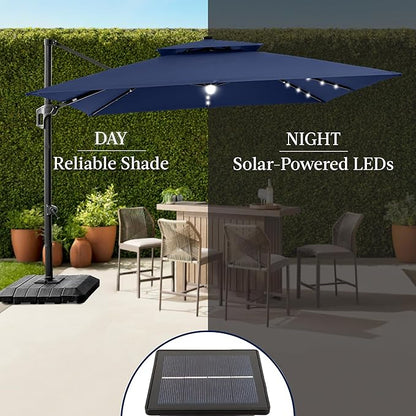 Best Choice Products 9x12ft LED Cantilever Patio Umbrella w/Base Included & 360° Rotation, Large Solar Offset Hanging Outdoor Sun Shade for Deck, Backyard Table w/Stand & Lights – Navy Blue