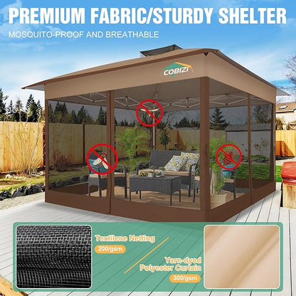 COBIZI 13x13 Pop Up Gazebos On Clearance Canopy Tent- Upgrade Metal Outdoor Canopy Waterproof - Portable Gazebo with Mosquito Nettings, 4 Ropes 8 Stakes and Carry Bag for Patio Garden(Brown)