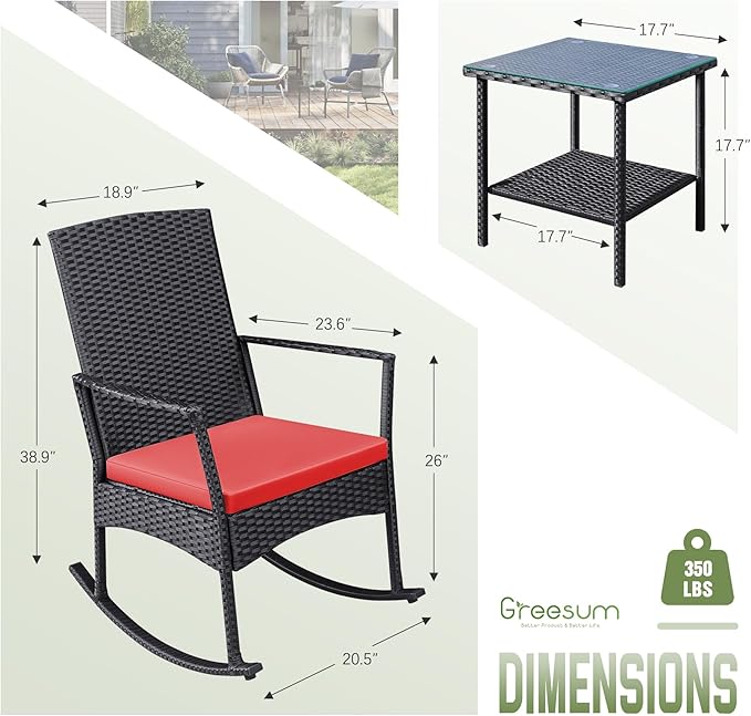 Conversation Set, 3-Piece Red Rattan Rocking Chairs with Coffee Table