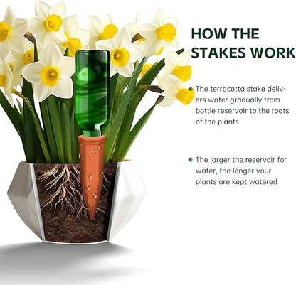 Terracotta Watering Spikes, Wine Bottle Watering Stakes, Slow Release Self Watering Planter Insert for Out | Indoor Plants, Vacation Plant Watering Devices, Automatic Plant Waterer, 4-Pack