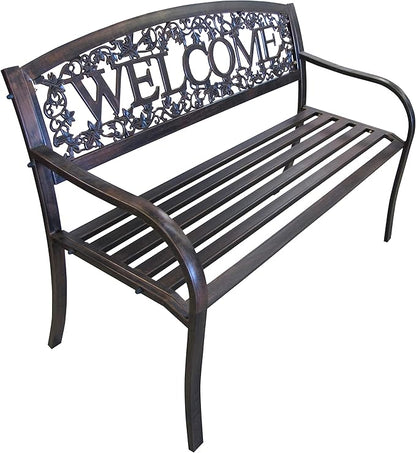 Leigh Country Metal Outdoor Bench, Welcome Design, Decorative Patio Seating for Porch/Deck