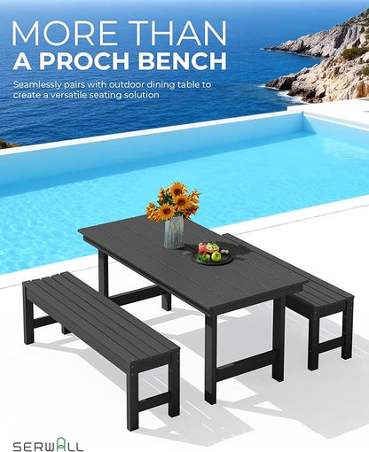 SERWALL 47 Inches Outdoor Bench Set of 2, All Weather HDPE Backless Bench with Wood Grain Texture for Garden Porch and Park, Curved Bench Seat for Comfort, Black