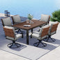 Grand patio 7-Piece Outdoor Dining Set, 6 Leather-Look Resin Wicker Swivel Patio Chairs & 1 Rectangular Woodgrain Dining Table, Brown