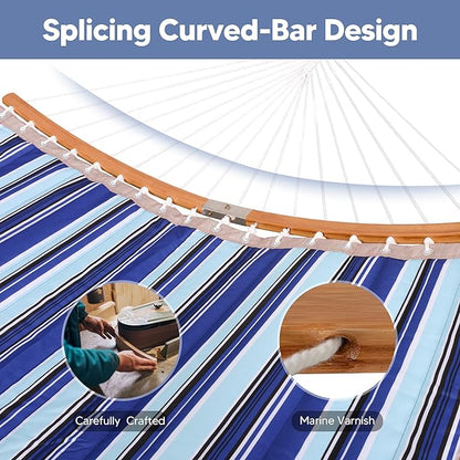 SUNCREAT Portable Hammock with Carrying Bag, 2 Person Hammock with Curved Spreader Bar, Blue Stripes