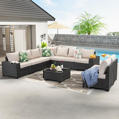 10 Pieces Patio Furniture Set All-Weather Outdoor Wicker Sectional Conversation Sofa Rattan Patio Seating Sofa with Cushion and Glass Table for Porch Poolside,Beige