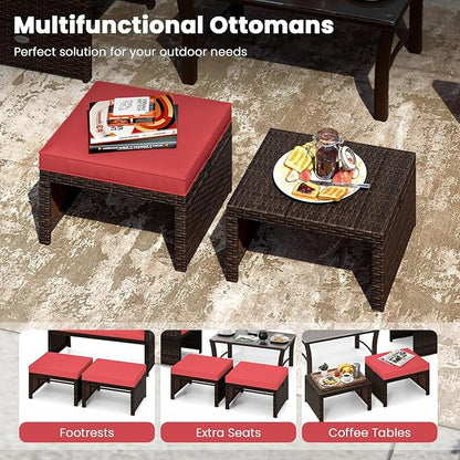 Tangkula 2 Pieces Patio PE Rattan Ottomans, Multipurpose Outdoor Footstool Footrest Additional Seating Side Table with Soft Zippered Cushions for Deck, Garden, Poolside and Yard (Red)