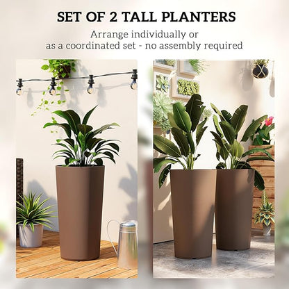 Outsunny 29 Inch Tall Planters for Outdoor Plants, Set of 2 Plastic Flower Pots with DIY Drainage Holes, Stackable Large Planters for Indoor Plants, Front Porch Decor, Brown