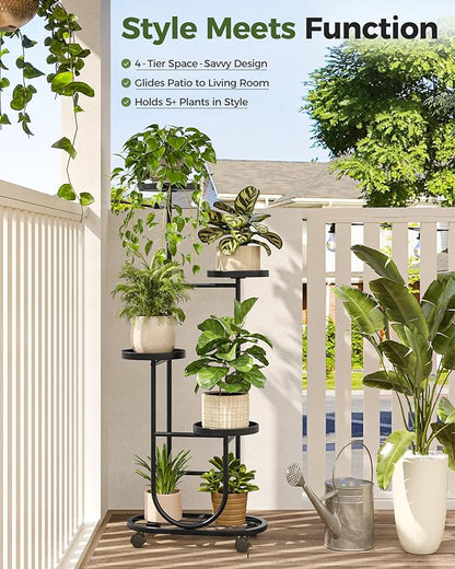 Bamworld Tall Plant Stand Indoor Outdoor Plant Stand with Wheels Heavy Duty Metal Plant Shelf for Multiple Plants Flower Stands for Patio Corner Garden Living Room Balcony, Black