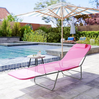 Outsunny Folding Chaise Lounge Chair, Pool Sun Tanning Chair, Outdoor Lounge Chair with Reclining Back, Breathable Mesh Seat, Headrest for Beach, Yard, Patio, Pink