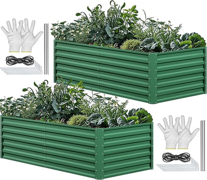 YITAHOME 6x3x2ft 2pcs Large Raised Garden Bed Kit, Galvanized Metal Planter Box with Gloves, Ground Nails, Support Rod, Outdoor Above Ground Planters for Plants Vegetables Flowers, Green