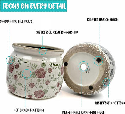 Vintage Ceramic Ice Crack Flower Pot with Drainage Holes, Country Rustic Planters for Indoor and Outdoor,Tuscan Decor,Home,Living Room, Garden Decor, Gardening Gift (Retro)