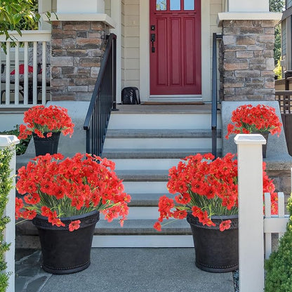 24 Red Bundles Artificial Flowers for Outdoors/Indoors Fake Flowers Plants for Indoor Outside Garden Porch Window Box Home Wedding Farmhouse
