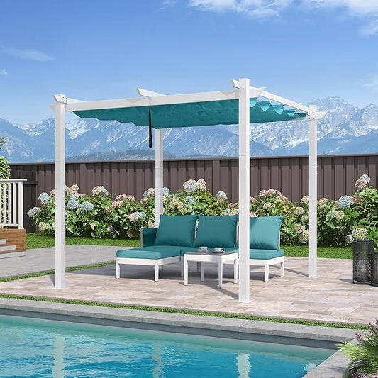PURPLE LEAF 10' x 10' Outdoor Aluminum Pergola White Heavy-Duty Retractable Pergola Patio Metal with Double Sun Shade Canopy for Backyard Gardens Deck, Blue