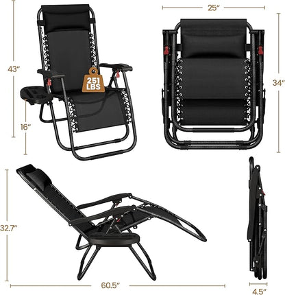Yaheetech 26" Zero Gravity Recliners Outdoor Adjustable Folding Reclining Lounge Chairs w/Pillows, Cup Holder Trays and Carry Strap for Patio Backyard Beach New Black Set of 2