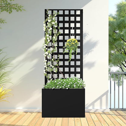 FENCY Metal Planter Box with Trellis, Planter Trellis for Climbing Plants Vegetable Vines, Trellis with Planter Box & Privacy Screen, Raised Garden Bed with Drainage Holes (23.6" L x 63" H/Lattice)