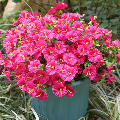 Artificial Flowers for Outdoors, UV Resistant Fake Silk Morning Glory, Realistic Faux Plants for Outside Porch Patio Window Box Hanging Planter (16, Hot Pink)