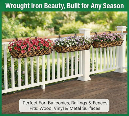 Y&M 30 inch Window Planter Box 2Pcs Iron Window Deck Railing Planter with Coco Liner, Metal Horse Troughs Fence Planter for Outdoor Balcony Rail Fence Porch Patio