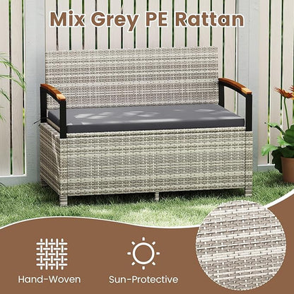 Outdoor Storage Bench with 46-Gallon Capacity and Grey PE Rattan Frame