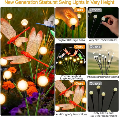 Solar Garden Lights Outdoor - 6 Pack Dragonfly Solar Swaying Light, Sway by Wind, Firefly Lights Outdoor Yard Patio Pathway Decoration, Big Bulb, High Flexibility Iron Wire & Realistic Dragonflies