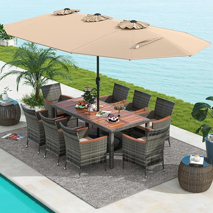 Tangkula 10 Pieces Patio Wicker Dining Set w/Double-Sided Patio Umbrella, Outdoor Acacia Wood Furniture Set w/ 8 Armchairs, 71” Dining Table & 15 ft Umbrella with Weighted Base (Coffee)