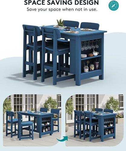 SERWALL Outdoor Bar Table and Chairs Set, 5-Piece HDPE Counter Height Patio Dining Sets with Storage and Wine Rack, Rectangular High Top Bar Table with 4 Bar Stools for Garden, Backyard, Blue