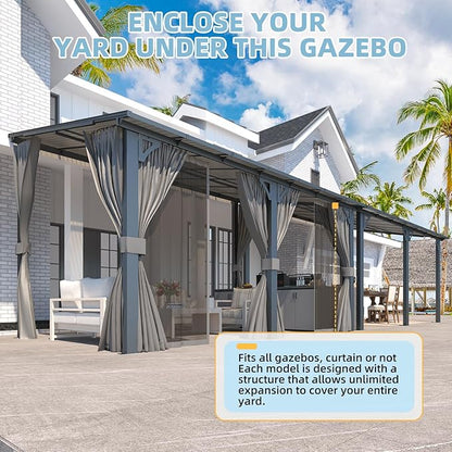 AECOJOY 14' x 8' Gazebo Outdoor Pergola, Hard Top Lean to 8x14 Gazebo with Curtains and Netting, Pergolas and Gazebos Clearance with Patio Roof, Large Wall-Mounted Heavy Duty Awnings for Patio, Decks