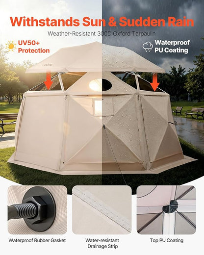 VEVOR Pop up Gazebo Screen Tent, 12 x 12 ft, 13-Sided Spherical Camping Canopy Tent with Removable Top & Carry Bag, Quick-Set & Bite-Proof, Screen House Sun Shelter for 8-10 Persons, Beige