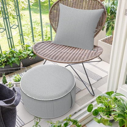 Inflatable Ottoman Stool D21 xH9 for Outdoor/Indoor Use, Water Repellent Patio Foot Rest Stool with Portable Handle,Round Pouf Ottoman Suitable for Garden,Deck and Camping - Stripe Grey