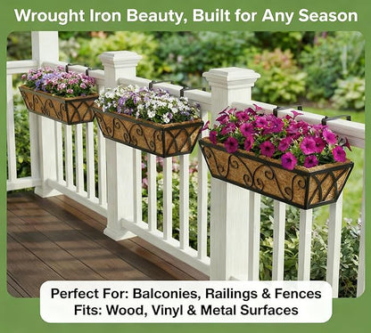Y&M 24 Inch Window Deck with Coco Liner, Fence Metal Hanging Flower Planter Window Basket Deck Railing Planter Boxes for Outdoor Garden Lawn-Butterfly,6pcs