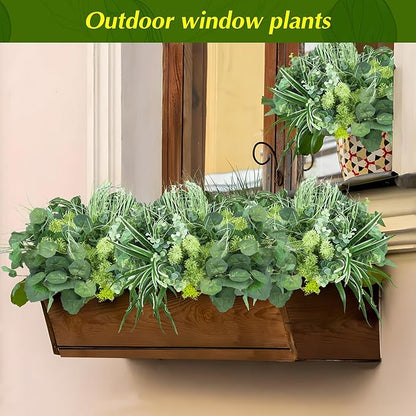 24Pcs Artificial Outdoor Plants UV Resistant Fake Plastic Greenery Boxwood Eucalyptus Spring Onion Grass for Outside Yard Front Porch Patio Window Box Planter Hanging Basket Decor (Grey Green)