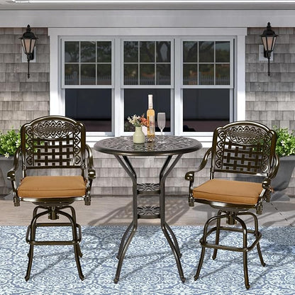 VIVIJASON 3-Piece Outdoor Swivel Bar Stools Set, All Weather Cast Aluminum Patio Bar Height Bistro Set with 2 Cushioned Bar Chairs & 31" High Bar Table w/Umbrella Hole for Backyard, Lawn, Garden