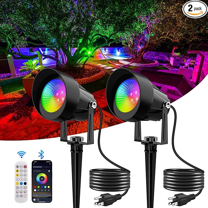 Spot Lights Outdoor, Smart RGBW LED Color Changing Landscape Lights with APP and Remote Control, Music Mode, DIY Scenes, Timing, IP65 Waterproof Spotlights Plug in for Yard Garden, 2 Pack