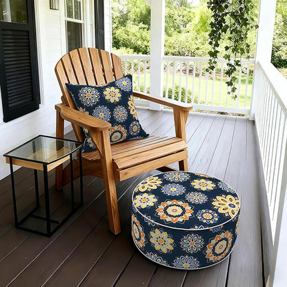 LVTXIII Inflatable Stool Ottoman Footrest with Handle, Decorative Fade-Resistant Foot Stool, Indoor or Outdoor Pouf for Home Garden and Camping Use, D21 x W 21 x H9, Bloom Medallion‌ Cobalt