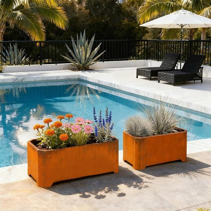 Corten Steel Planter Box-32"x15"x15"-Large Rectangular Planters For Outdoor Plants, Heavy Duty Rustic Tall Planter With Raised Support Feet For Patio, Deck, Garden, Yard, Drain Holes, Easy Assembly