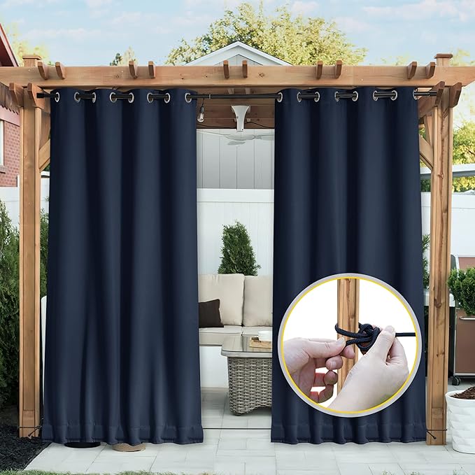 NICETOWN 2 Panels Gazebo Curtains Outdoor Waterproof & Windproof, Top and Bottom Grommet with Back Tab Wind-Break Outdoor Dividers Blackout Blinds with Fixed Rope for Patio, W52 x L95, Navy Blue