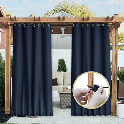 NICETOWN 2 Panels Gazebo Curtains Outdoor Waterproof & Windproof, Top and Bottom Grommet with Back Tab Wind-Break Outdoor Dividers Blackout Blinds with Fixed Rope for Patio, W52 x L95, Navy Blue