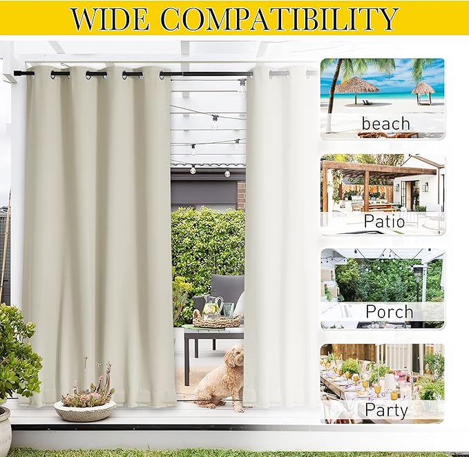 NICETOWN 2 Panels Weighted Outdoor Curtains for Patio Waterproof, Thermal Insulated Grommet & Back Tab on Top & Bottom Windproof Sun Blocking Draperies for Gazebo with Fixed Rope, Beige, W66 x L84