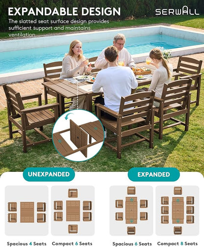 SERWALL 7-Piece Patio Dining Sets, 60" - 83" Expandable Outdoor Dining Table and 6 HDPE Chairs, All Weather HDPE Outdoor Furniture Set for Backyard, Garden, Brown