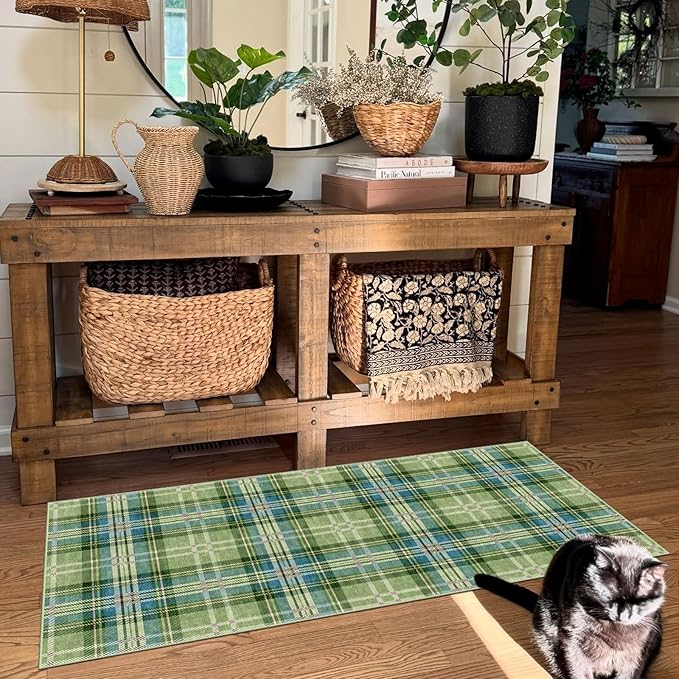 Outdoor Rug Tartan Door Mat in Green, 2 x 4 ft 3 in