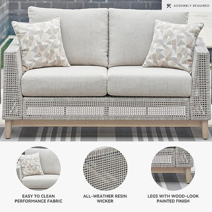 Signature Design by Ashley Seton Creek Cottage Nuvella Weather Resistant Fabric Outdoor Loveseat with Cushion and 2 Throw Pillows, Light Brown & Light Gray