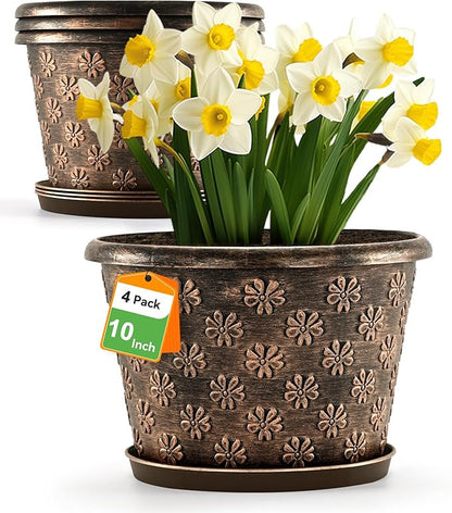 10 Inch Planter Pots for Plants, 4 Pack Plastic Large Flower Pots Indoor Outdoor, Resin Plant Pot with Drainage & Saucer, Retro Decorative Garden Pot with Removable Trays for House