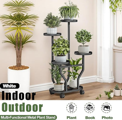 Plant Stand Indoor Outdoor 4 Tier Flower Holder with Wheels Metal Plant Shelf Corner Display Rack Multi Plants Sheleves for Living Room Garden Patio Black