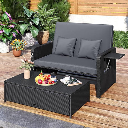 HAPPYGRILL Patio Rattan Wicker Daybed with Loveseat & Storage Ottoman, Outdoor Lounge Sofa Furniture Set with Adjustable Backrest & Side Trays, for Poolside Deck Porch Lawn (Black & Gray)