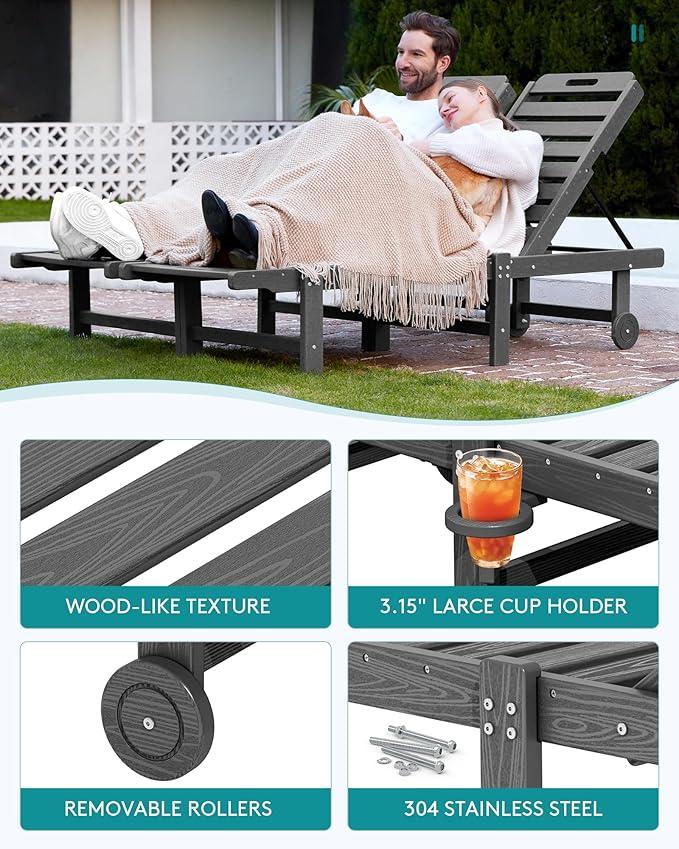 SERWALL Outdoor Chaise Lounge Chair, HDPE Patio Lounge Chair with Cup Holder, 5 Positions Adjustable Poly Lounger with Rolling Wheels for Poolside, Deck, Sunbathing, Grey