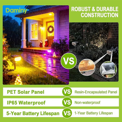 DAMINY Color Changing Solar Spot Lights 9 Lighting Modes, Outdoor Waterproof IP65,Multicolor RGB Christmas Spotlight for Gardens, Porches, Landscape, Yard Deconrations-4 Pack