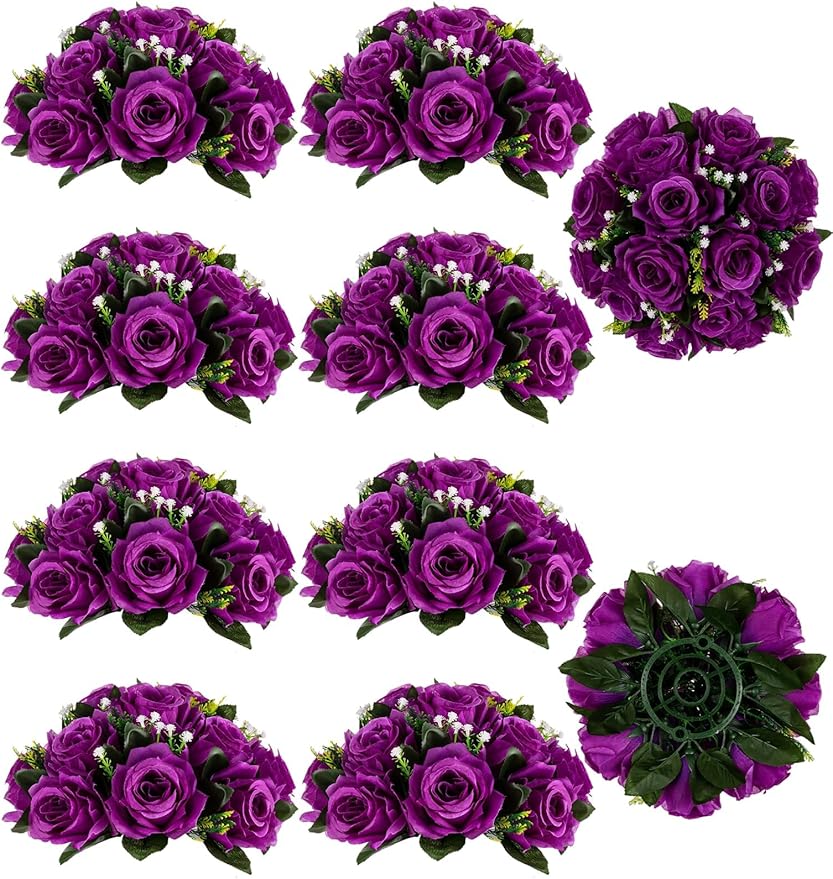 Artificial Flower Balls, 10 Pcs Purple Silk Rose Centerpieces