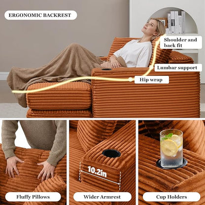 HANXIN 62" Chaise Lounge Chair Indoor, Oversized Corduroy Boneless Convertible Chaise Lounge Couch Sleeper Chair with Ottoman, Deep Seat Reading Chair, No Assembly Required (Orange)